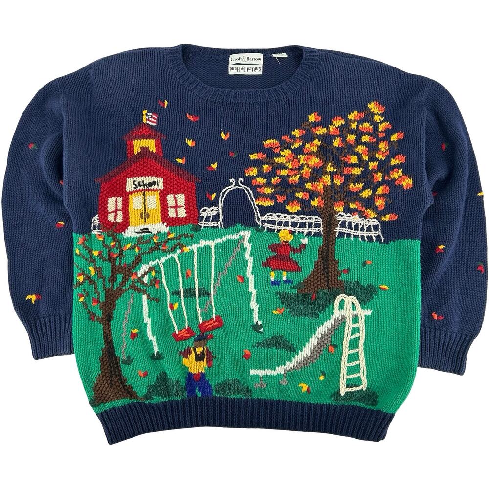 Vintage 90s Women's Blue Croft & Barrow Fall Schoolhouse Hand Knitted Sweater XL
